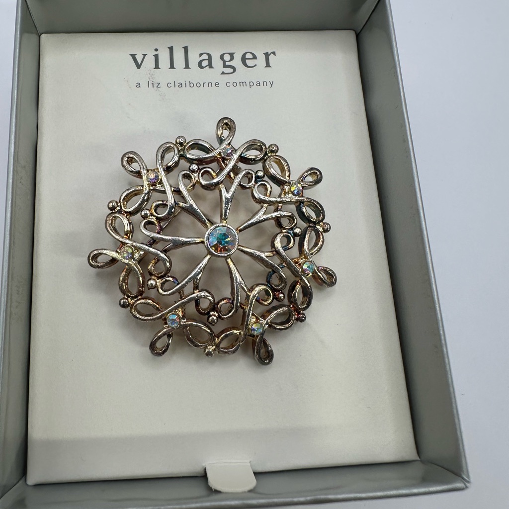 Villager Silver-Tone Filigree Snowflake Brooch With Aurora Crystals